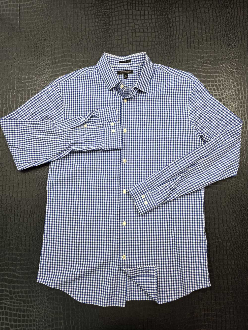 Banana Republic Grant Fit 120s Supima Cotton Dress Shirt Blue White Gingham Chec